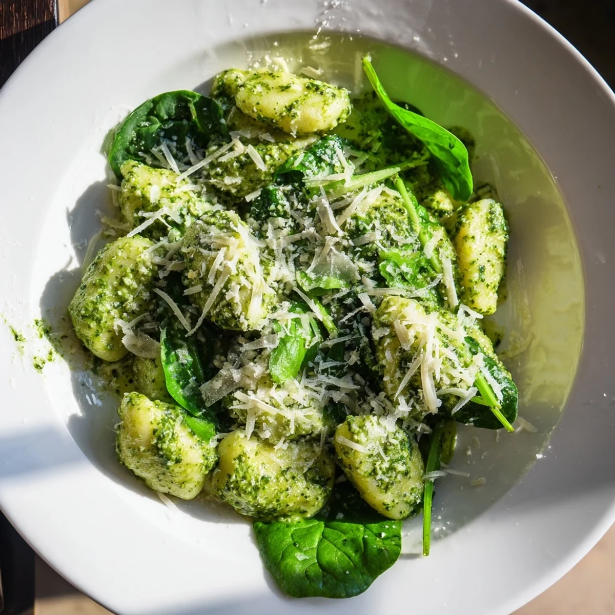 Freshly cooked gnocchi tossed with vibrant pesto, tender spinach leaves, and a generous sprinkle of Parmesan, garnished with extra cheese and black pepper.