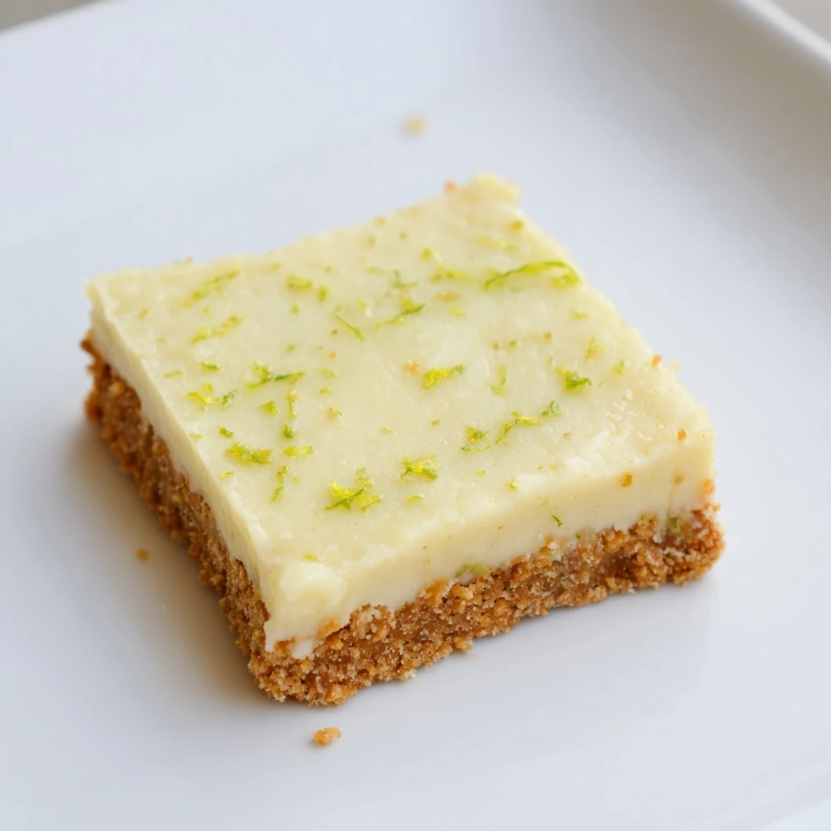 Close-up of Lime Bars with Graham Cracker Crust featuring a smooth, bright green filling and a sprinkle of lime zest.