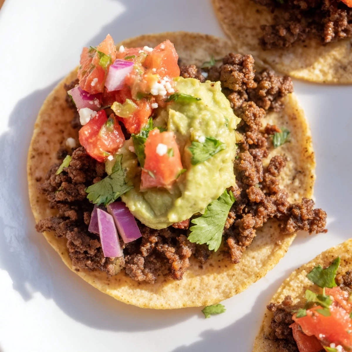Golden mini tacos with seasoned ground beef topped with fresh pico de gallo and creamy guacamole on a white platter.  
