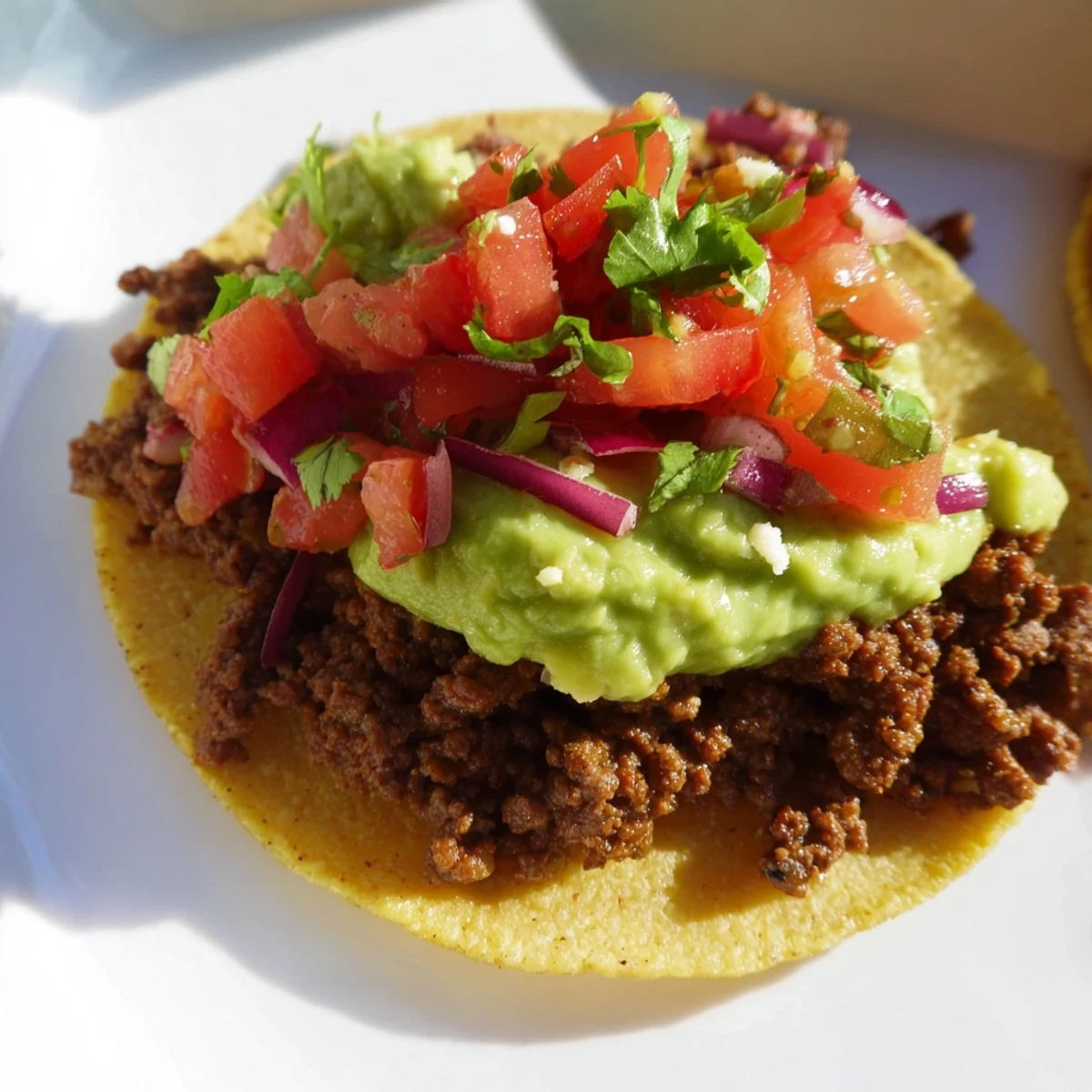 Bite-sized corn tortillas filled with spicy meat, vibrant salsa, and a dollop of guacamole for a festive appetizer.  