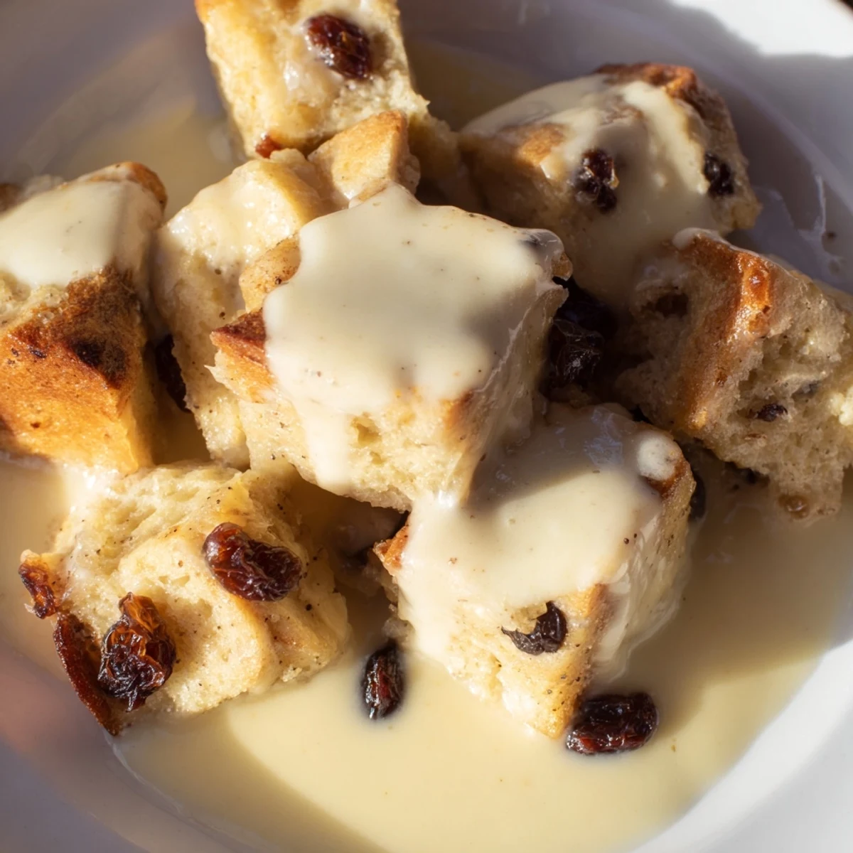 Golden-brown bread pudding squares glistening with warm vanilla sauce, served in a rustic dish.