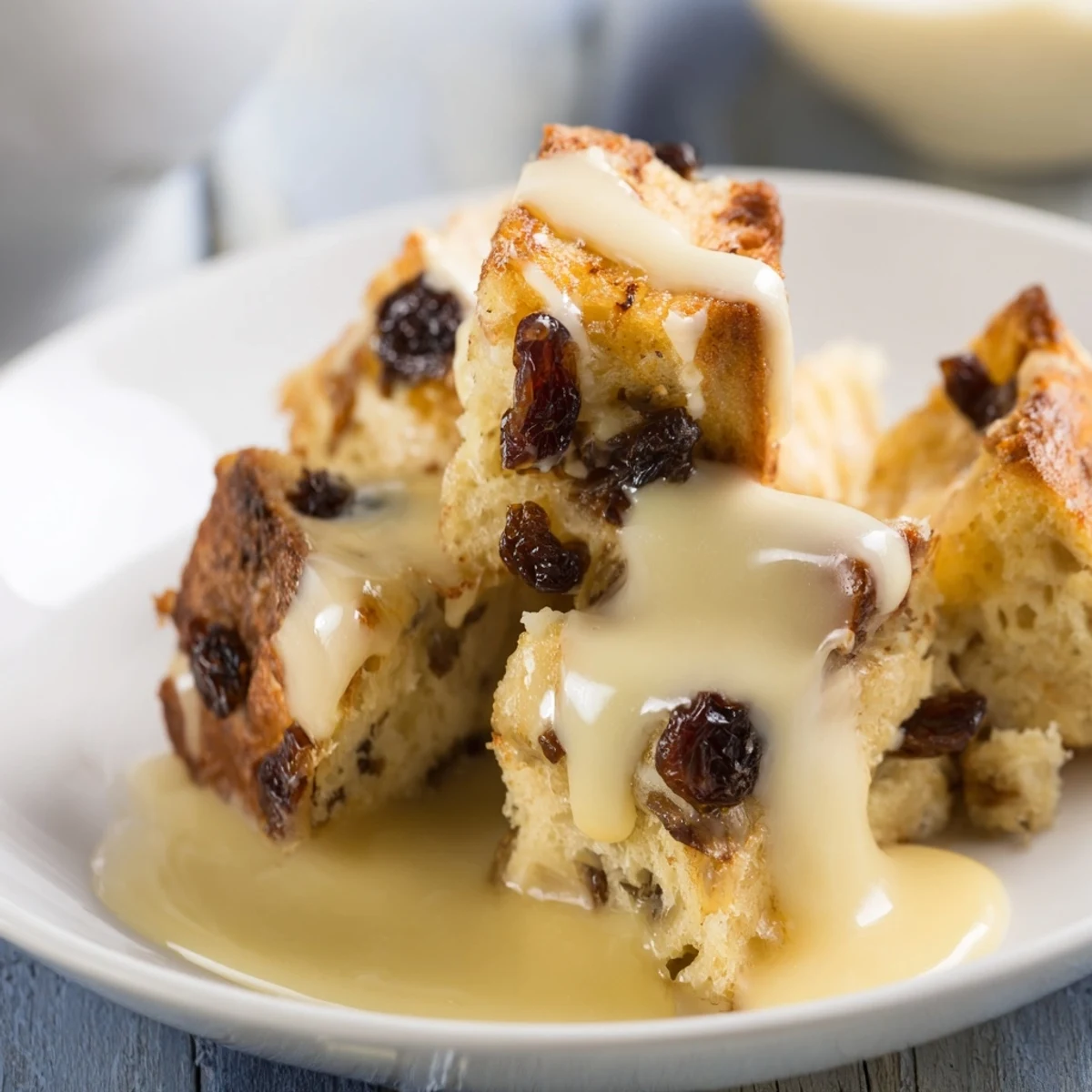 A close-up view of creamy vanilla sauce drizzled over baked bread pudding, raisins visible.