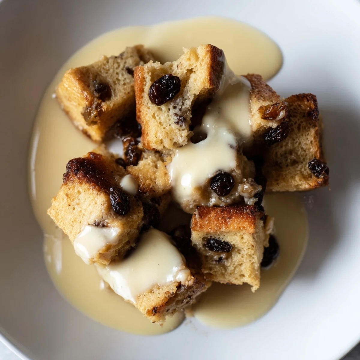 Freshly baked bread pudding with vanilla custard, topped with a drizzle of sweet sauce.