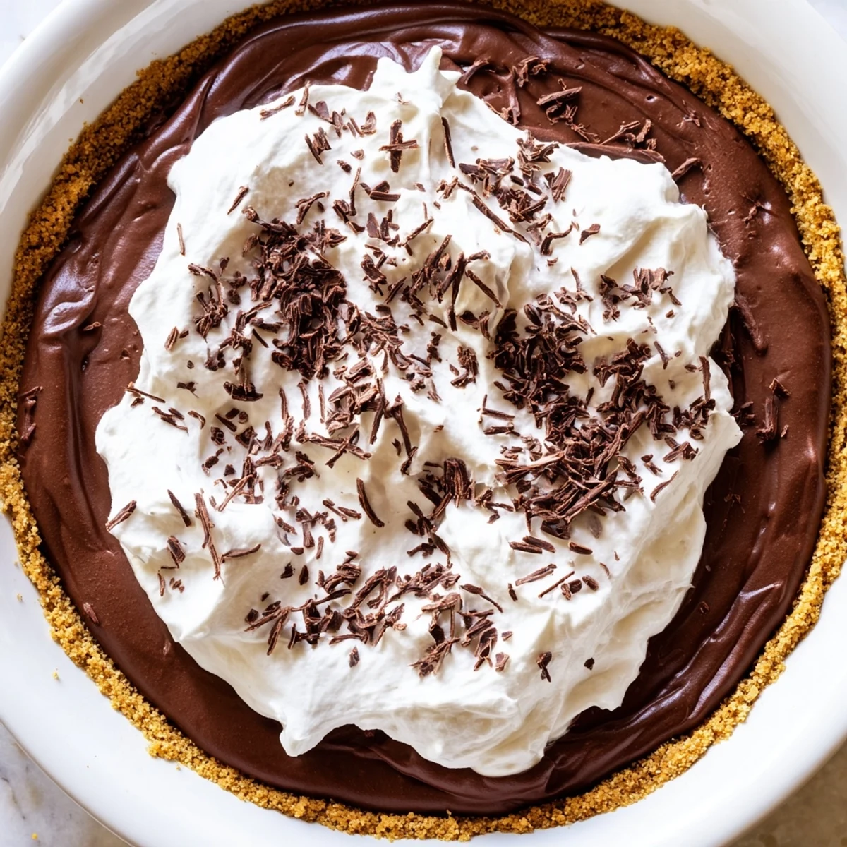 Homemade Chocolate Silk Pie with Whipped Cream displayed on a white plate, highlighting the glossy chocolate filling and fresh whipped cream swirls.