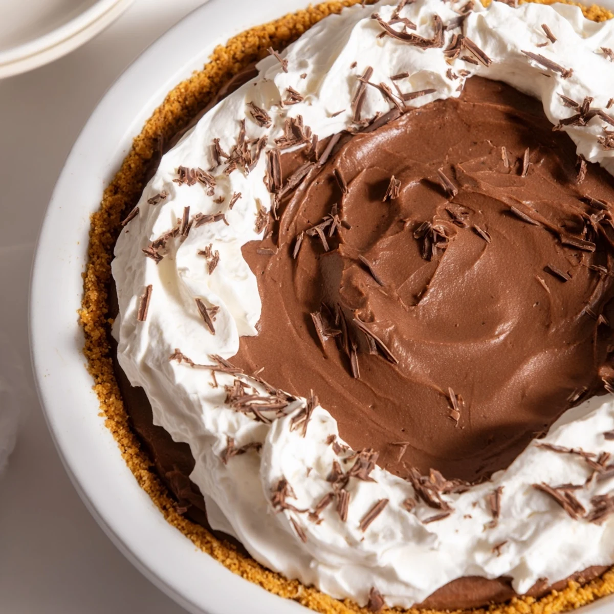 This decadent Chocolate Silk Pie with Whipped Cream showcases a smooth, dark chocolate mousse texture and cloud-like cream, ready to serve on a dessert table.