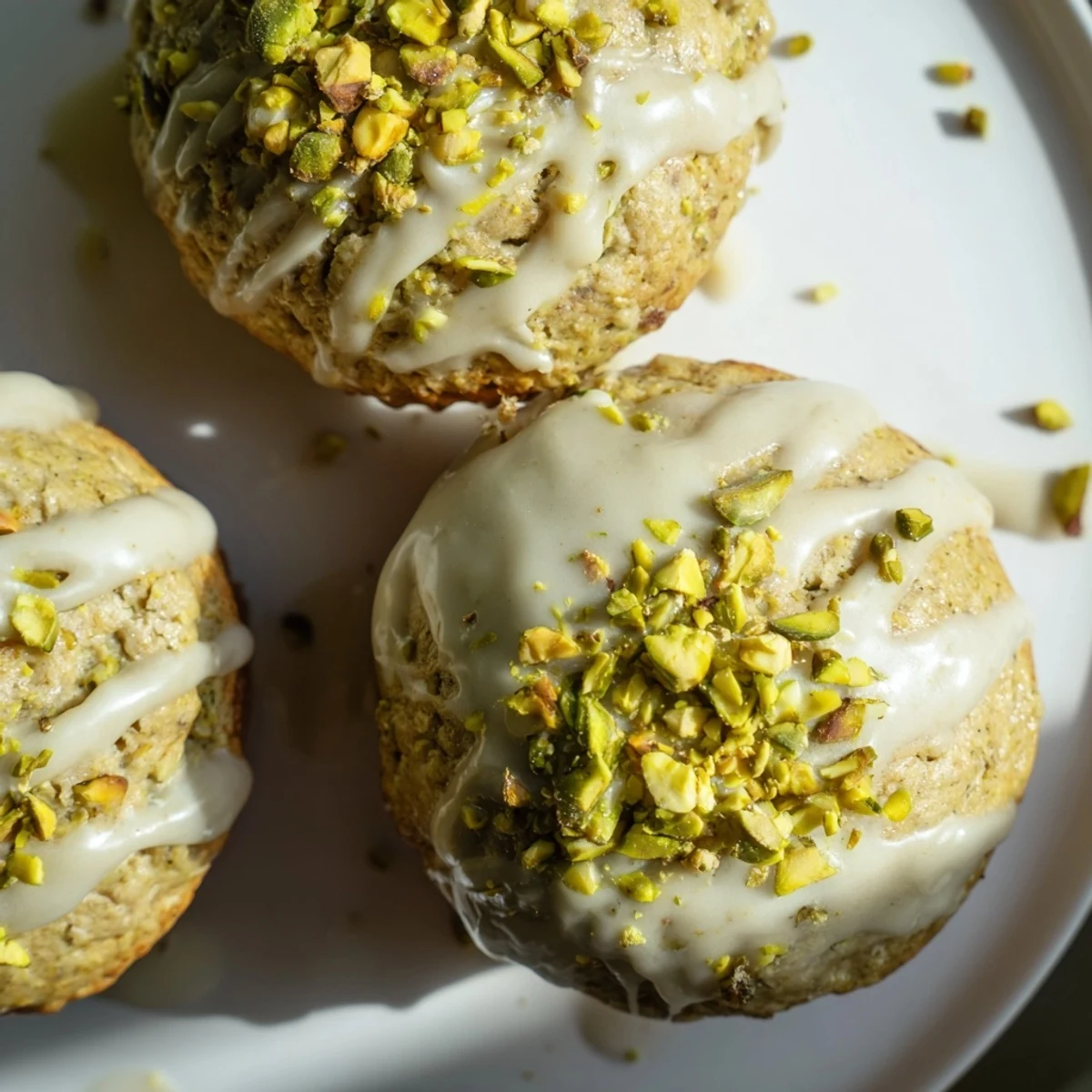 Golden-brown pistachio muffins with a glistening vanilla glaze, topped with crushed pistachios and ready to serve on a wooden board.