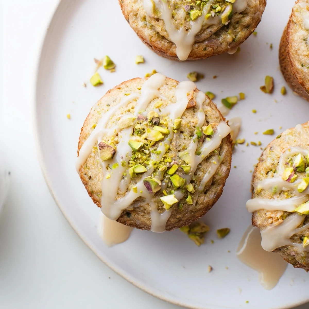 Freshly baked pistachio muffins with a sweet vanilla glaze, paired with a steaming cup of coffee for a cozy breakfast treat.