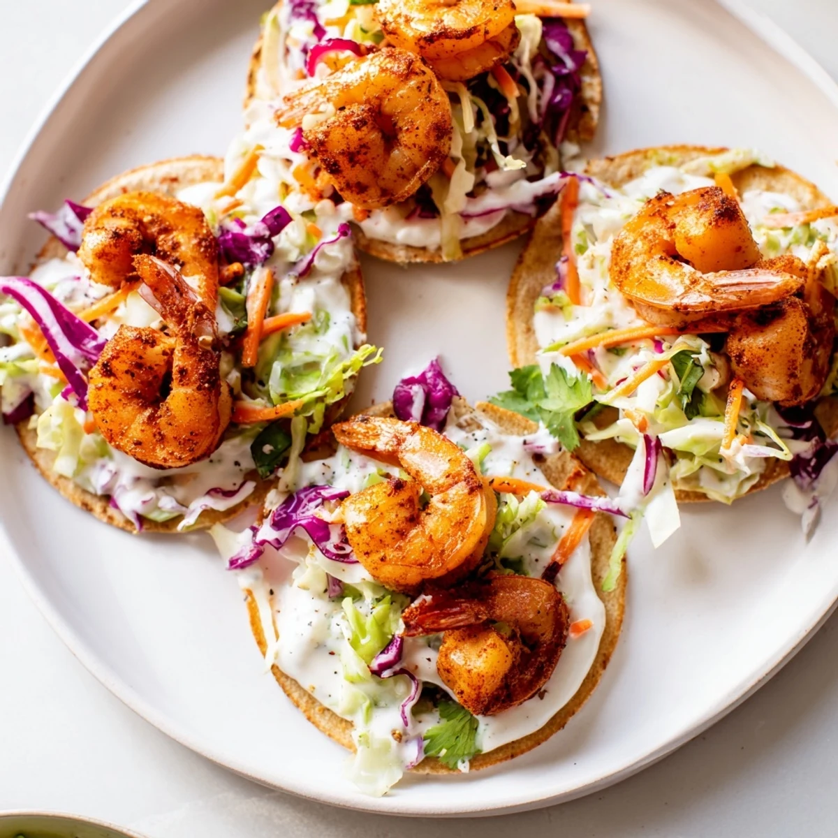 Warm flour tortillas cradling spiced, juicy shrimp and a colorful cabbage slaw, drizzled with zesty lime crema for a fresh bite.