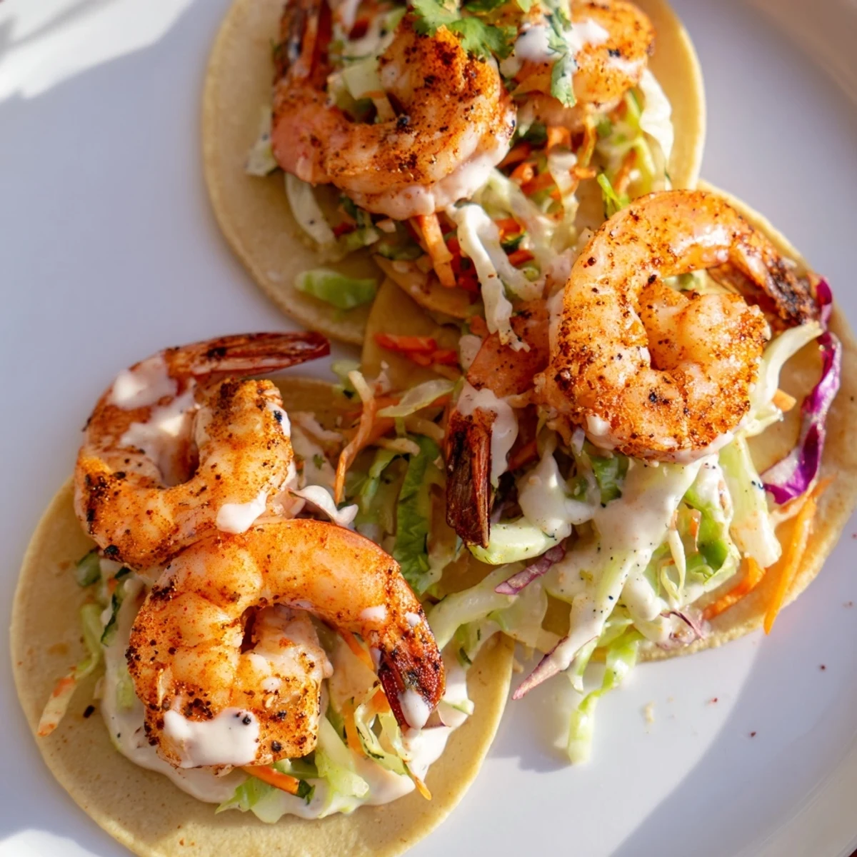Bright, vibrant shrimp tacos with cabbage slaw, lime crema, and warm corn tortillas, served on a rustic plate with lime wedges.