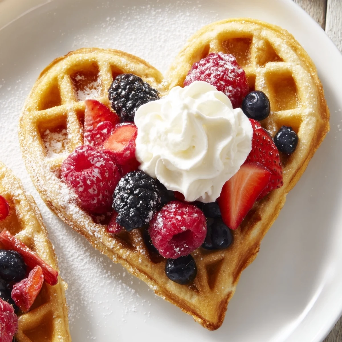 Golden-brown heart-shaped waffles topped with fresh mixed berries and a fluffy dollop of whipped cream.