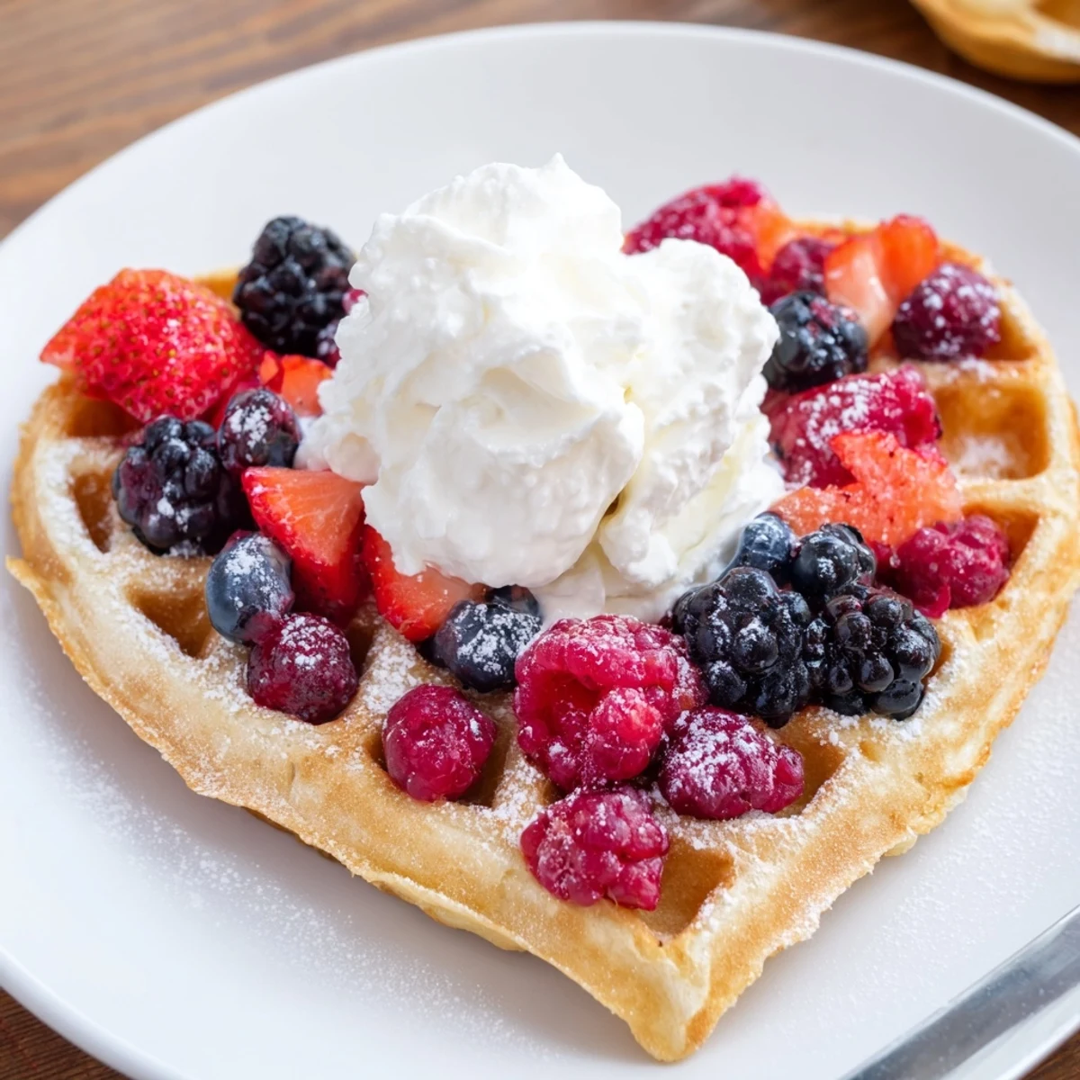 Freshly cooked heart-shaped waffles served warm with juicy berries and sweet vanilla whipped cream.