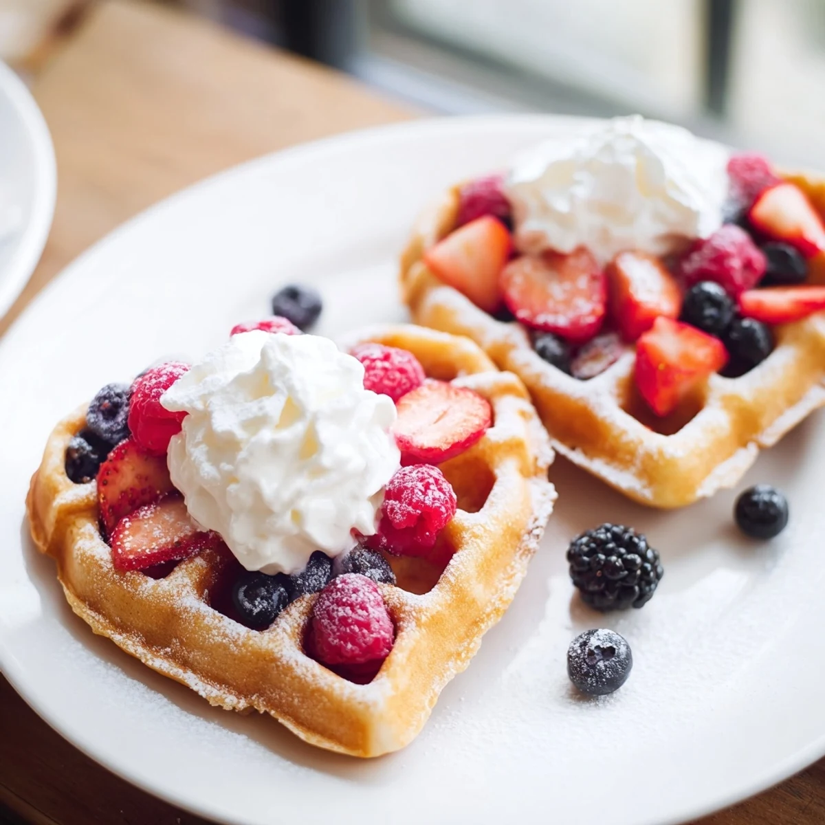 A plate of heart-shaped waffles with colorful berries and cream, perfect for a romantic brunch.