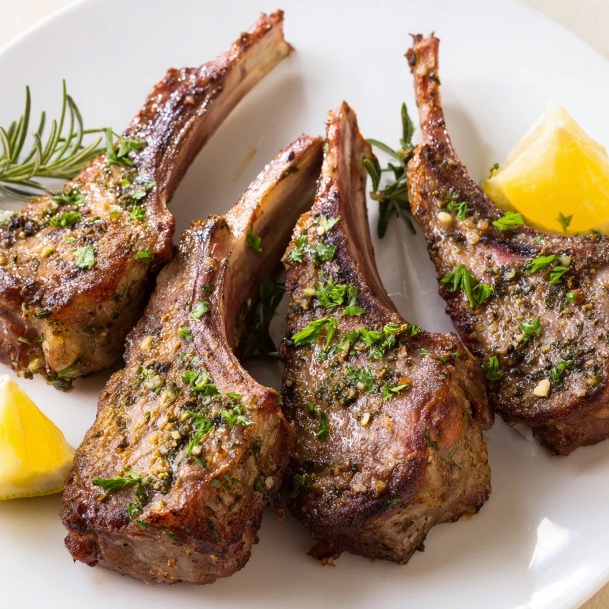 Elegant plating of Roasted Lamb Chops with Garlic beside roasted potatoes and a drizzle of olive oil for a Mediterranean dinner.