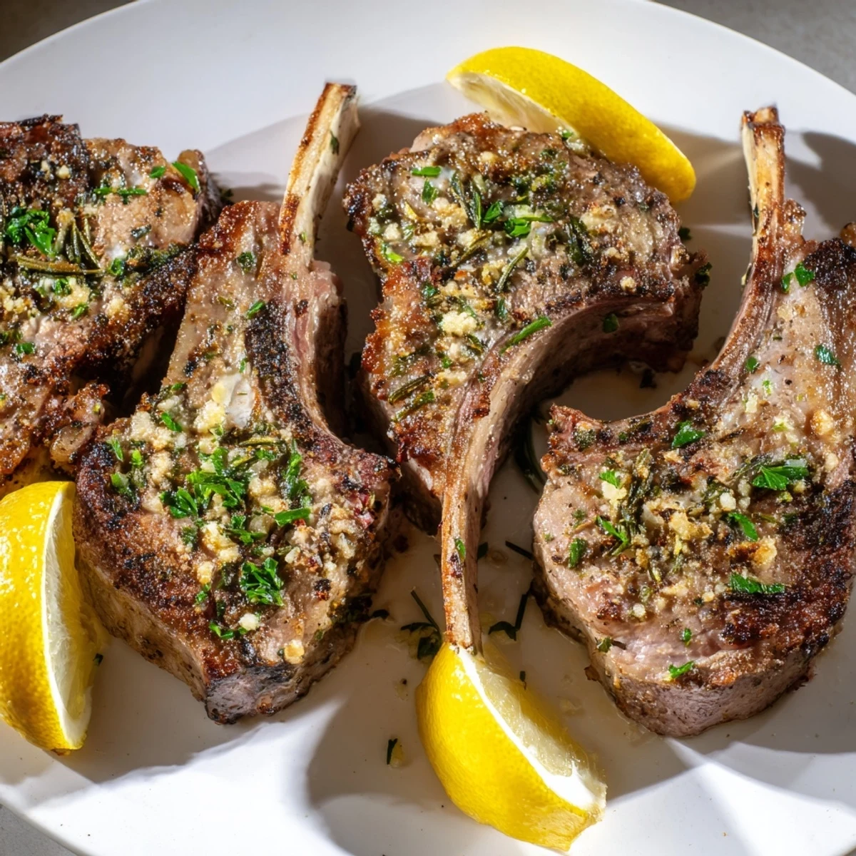 Sizzling Roasted Lamb Chops with Garlic fresh from the oven, showing a juicy interior and aromatic rosemary herbs on top.