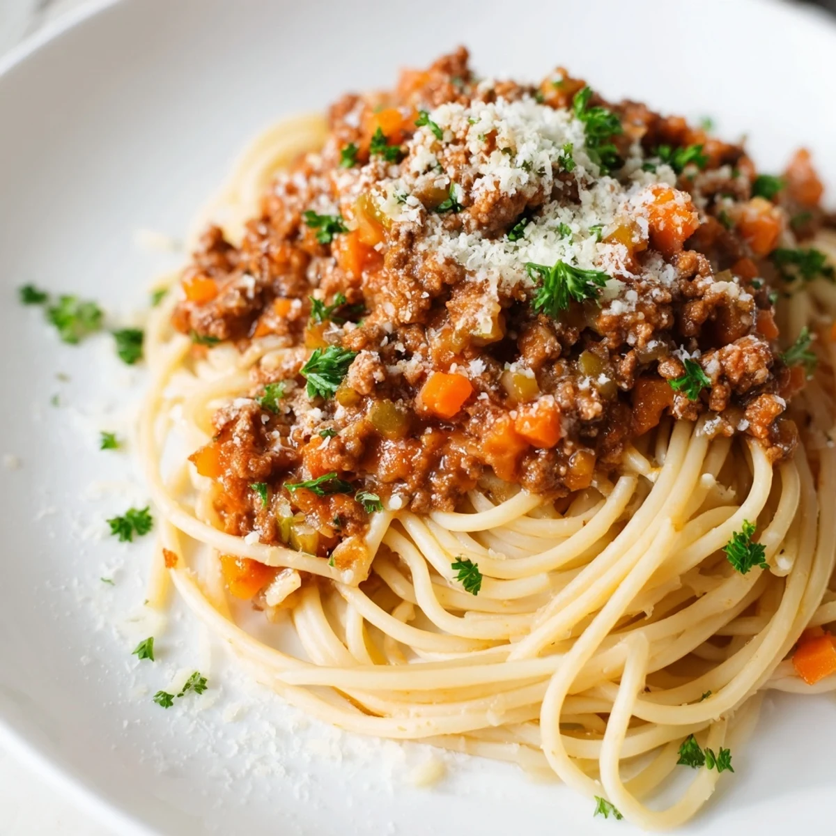 A comforting bowl of Beef Bolognese with Spaghetti, featuring a rich, slow-simmered meat sauce coated over perfectly al dente pasta noodles.