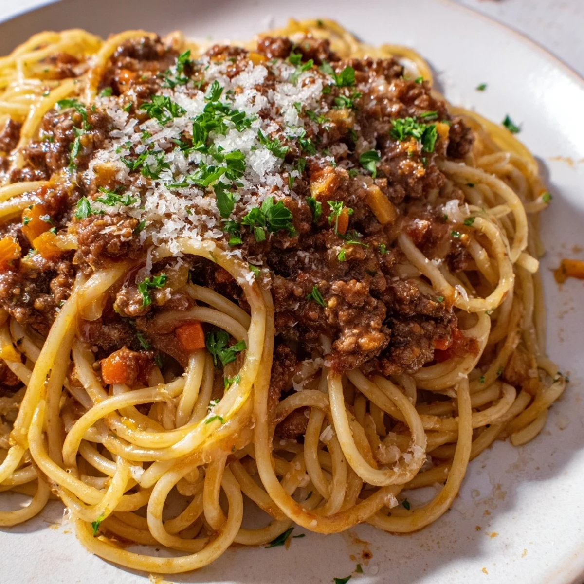 Close-up view of Beef Bolognese with Spaghetti, showing tender strands of pasta twisted with a hearty red tomato sauce and ground beef.