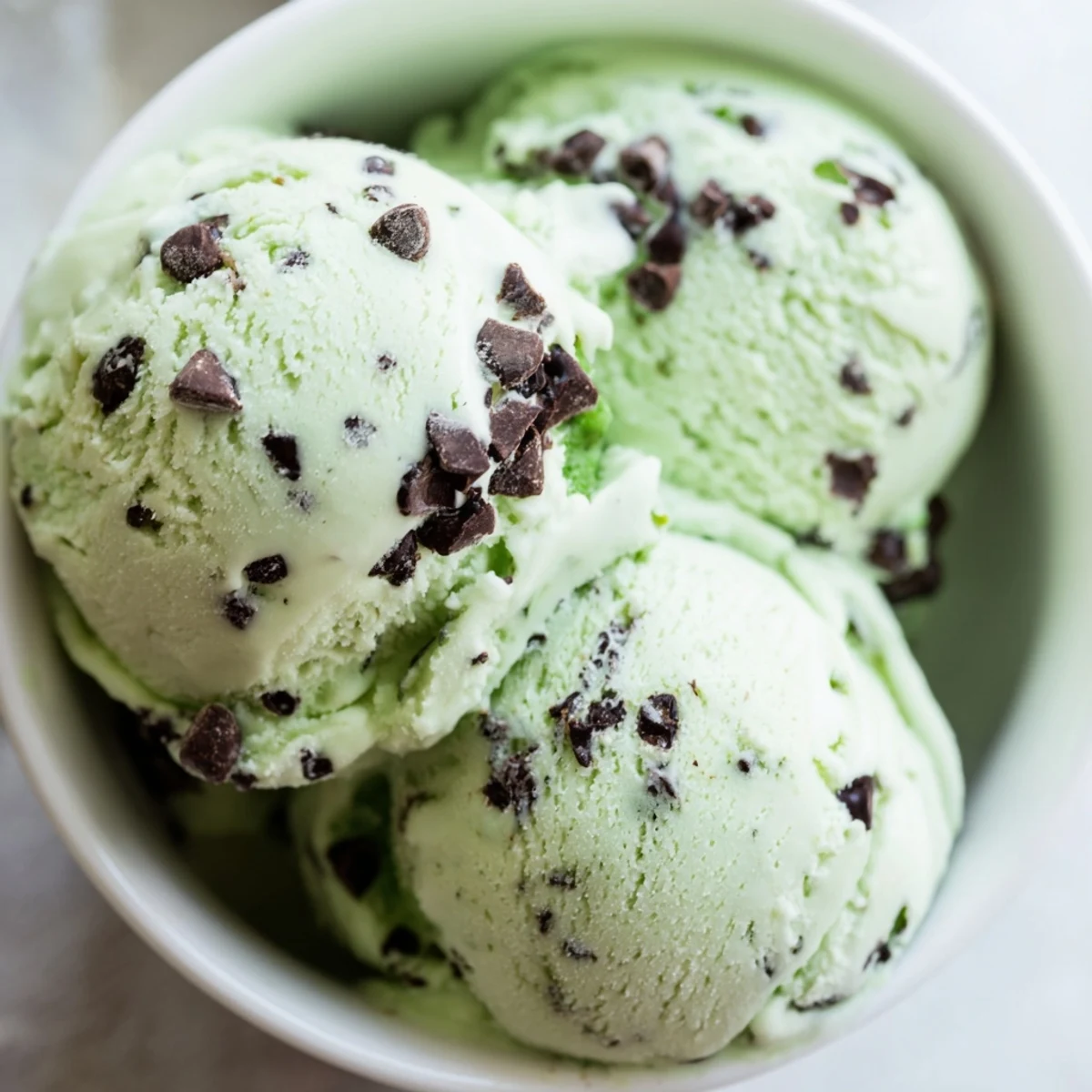 A scoop of vibrant Green Mint Chocolate Chip Ice Cream in a chilled bowl, topped with fresh mint leaves and chocolate shavings.  