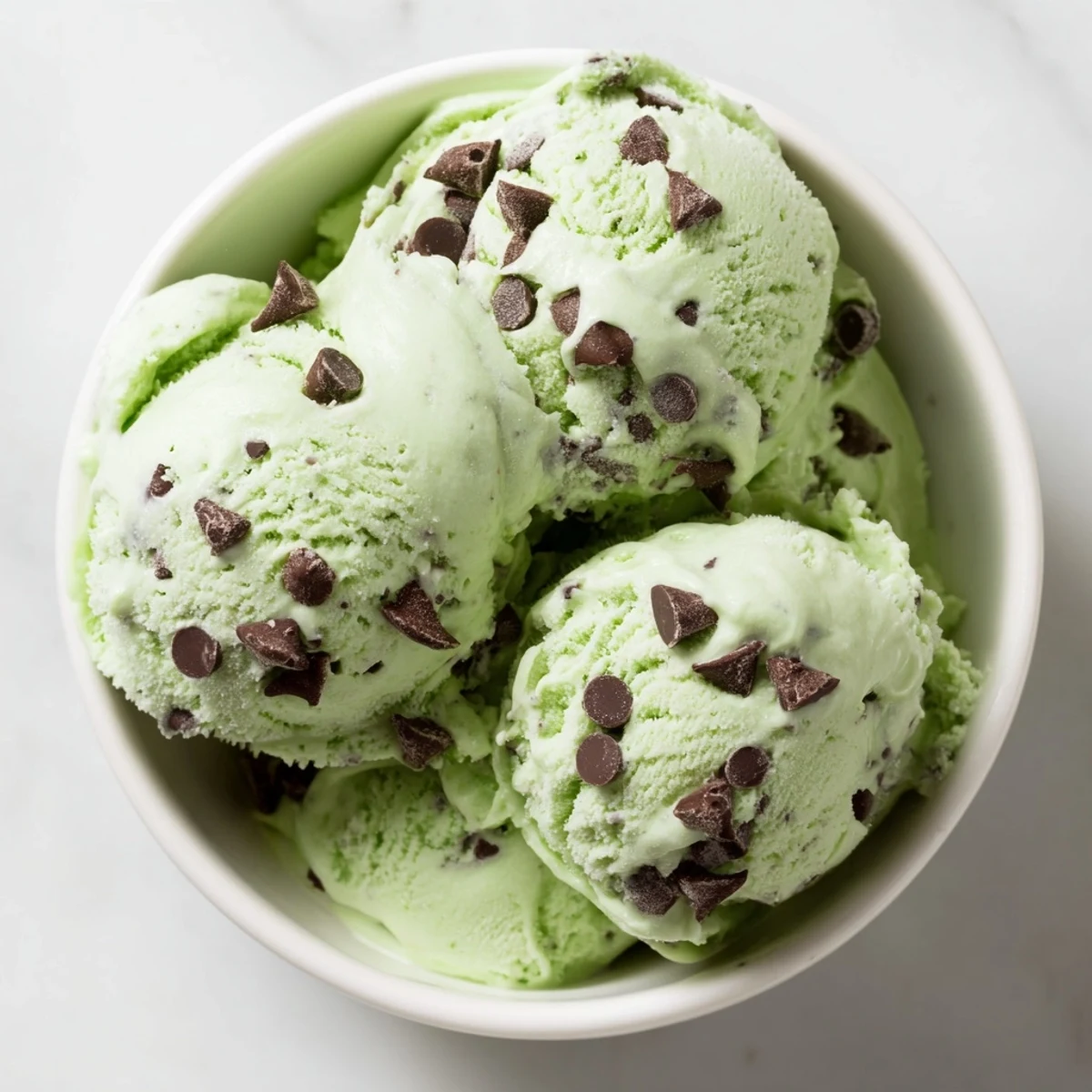 Homemade Green Mint Chocolate Chip Ice Cream spilling from a waffle cone onto a marble countertop, with chocolate chunks visible.  