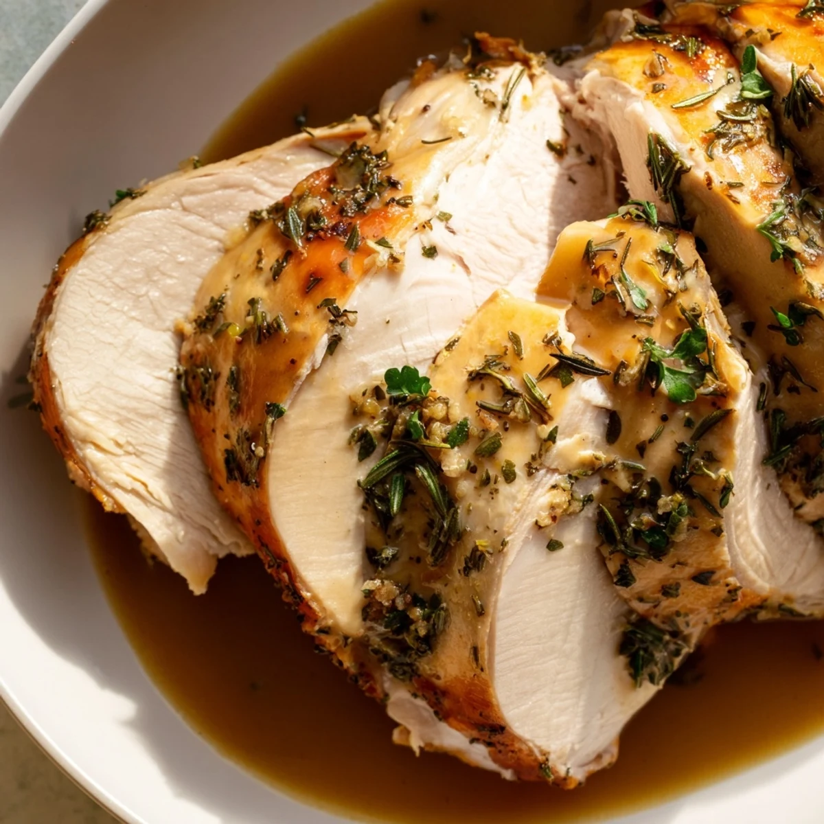 Golden-brown herb-roasted Alternative Easter Roast Turkey fresh from the oven, glistening with savory juices.