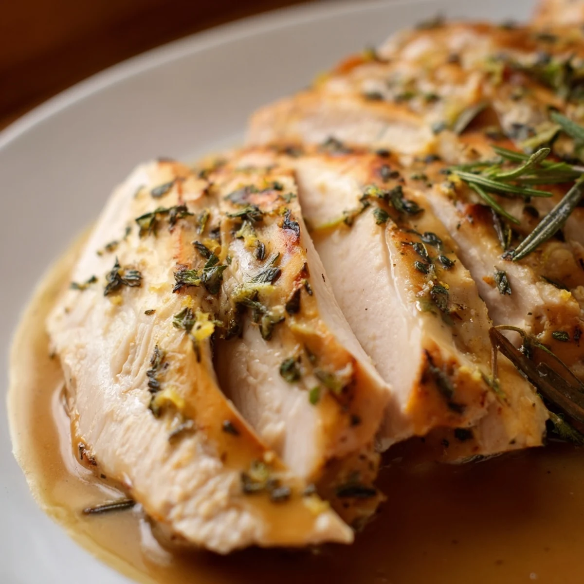A perfectly carved slice of Alternative Easter Roast Turkey served with rich, aromatic gravy.