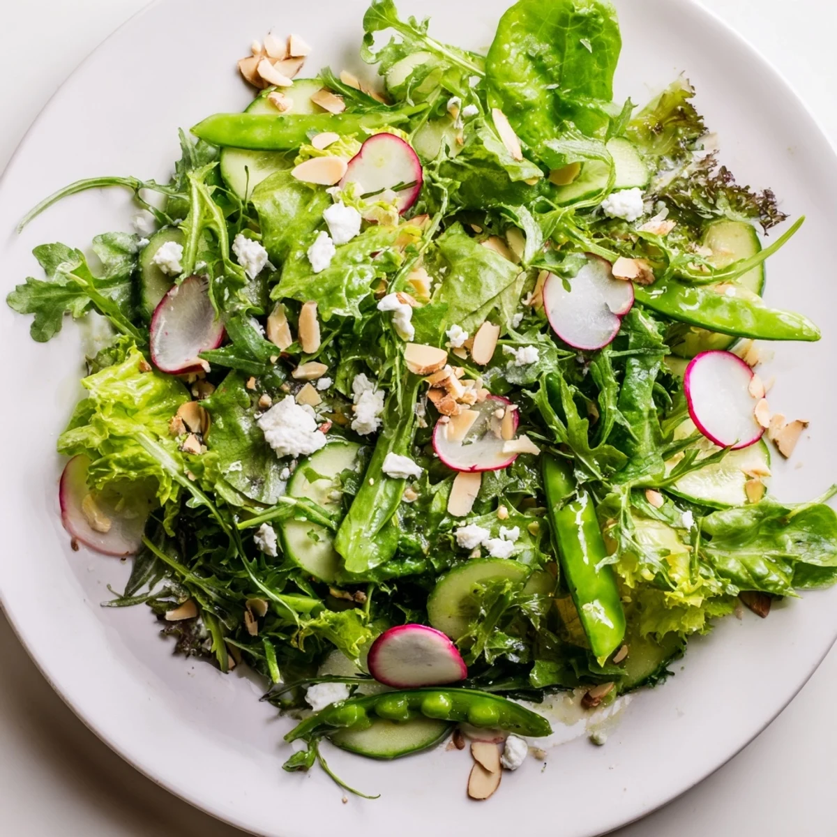 The vibrant Spring Greens Salad with Lemon Vinaigrette features tender greens, cucumber slices, and a bright, zesty citrus drizzle.
