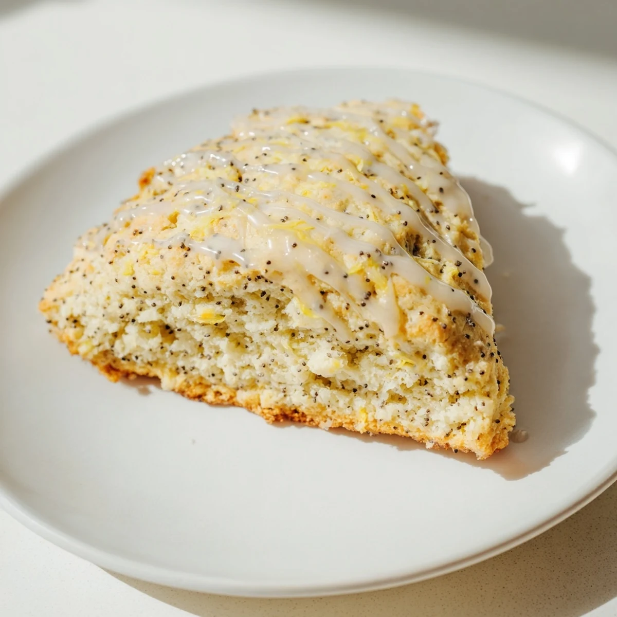 Golden-brown Lemon Poppy Seed Scones drizzled with sweet glaze on a rustic wooden board, ready for breakfast.