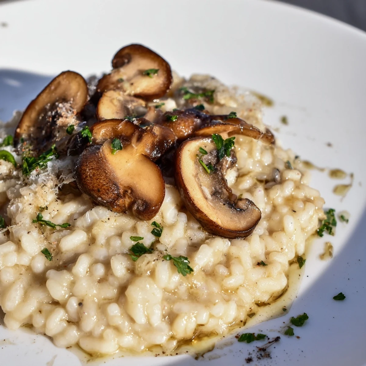 A close-up of creamy mushroom risotto with truffle oil garnished with fresh parsley, served in a shallow bowl.  