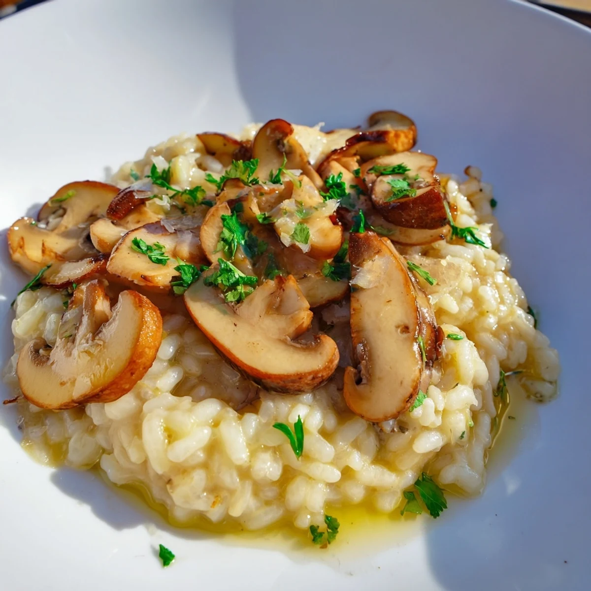 Savory vegetarian mushroom risotto with truffle oil, topped with Parmesan and ready for a cozy dinner.  