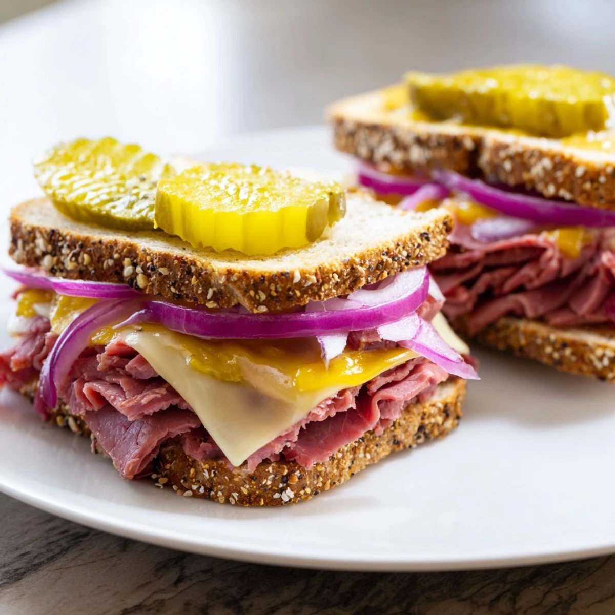 Golden rye bread slices cradling tender corned beef, tangy mustard, crisp pickles, and melted Swiss cheese on a rustic wooden cutting board.  