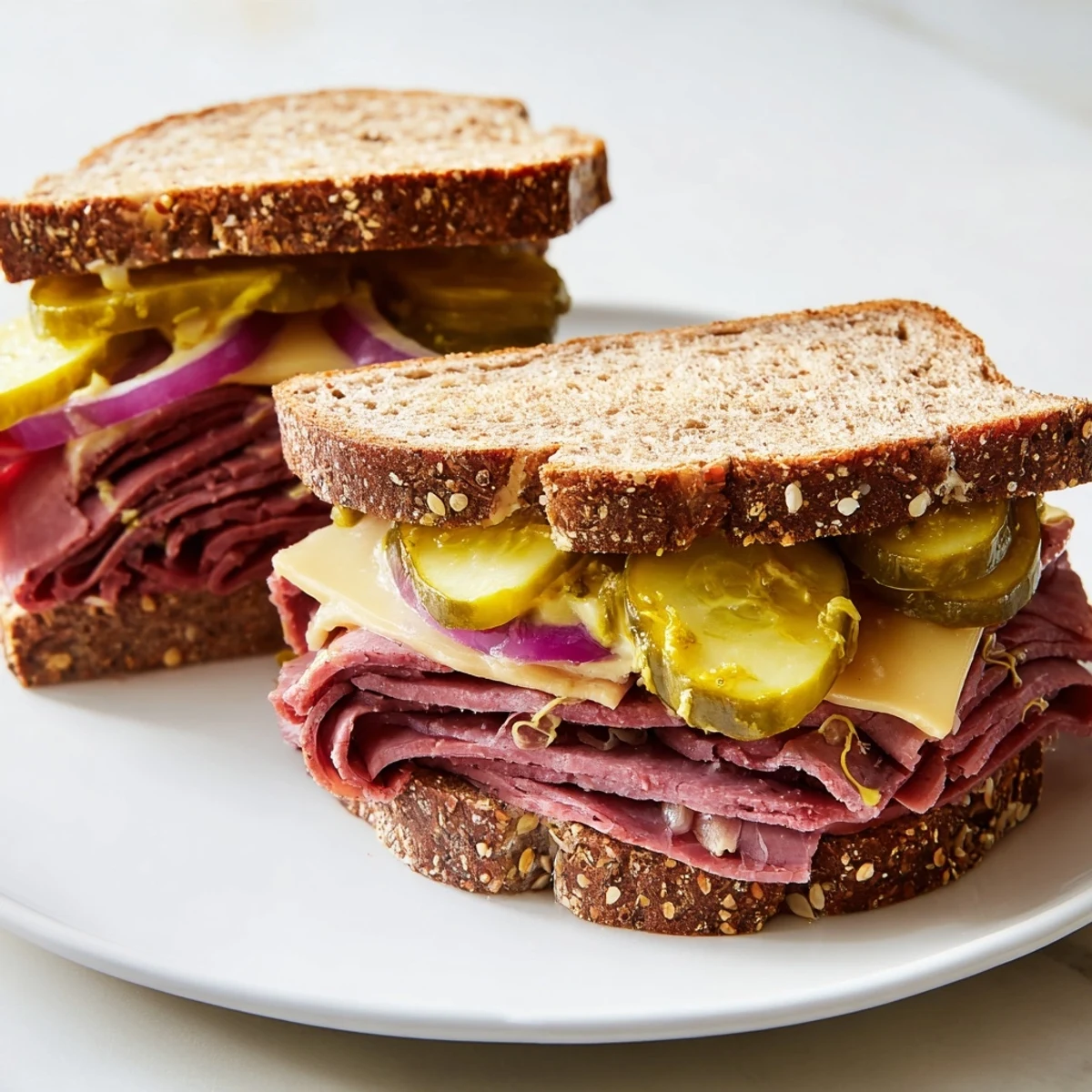 Overhead view of a freshly assembled corned beef sandwich on rye, with pickles and onion peeking out from the edges.