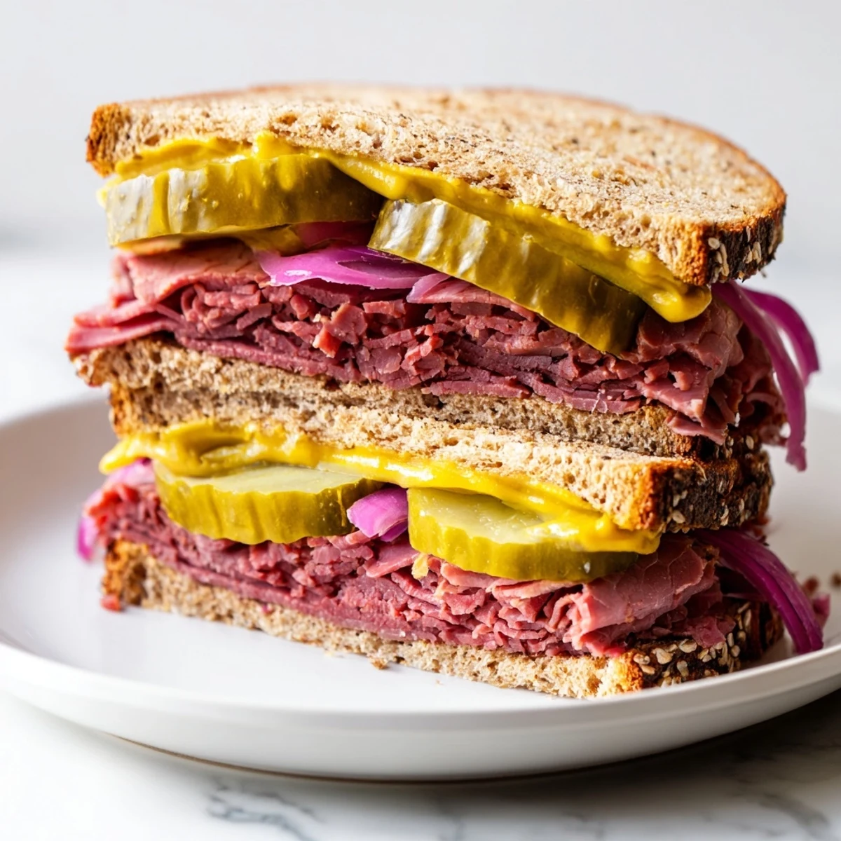 A close-up of a classic corned beef sandwich on rye, stacked high with savory meat and crunchy lettuce, ready to enjoy.  