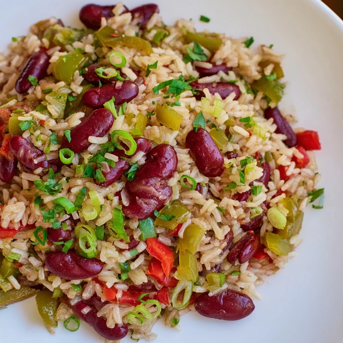A close-up of vibrant Mardi Gras rice and beans, garnished with green onions and fresh parsley in a rustic bowl.
