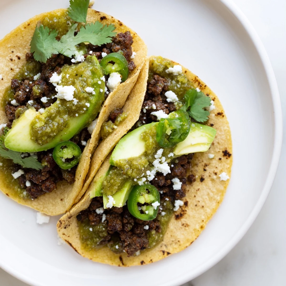 Warm tortillas cradle juicy, seasoned ground beef, topped with bright salsa verde, fresh cilantro, and creamy avocado slices.