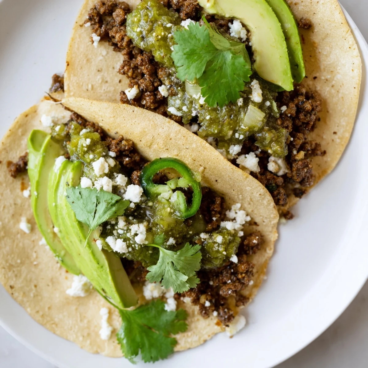Golden corn tortillas hold spicy beef, smothered in zesty homemade salsa verde and a sprinkle of crumbled queso fresco.
