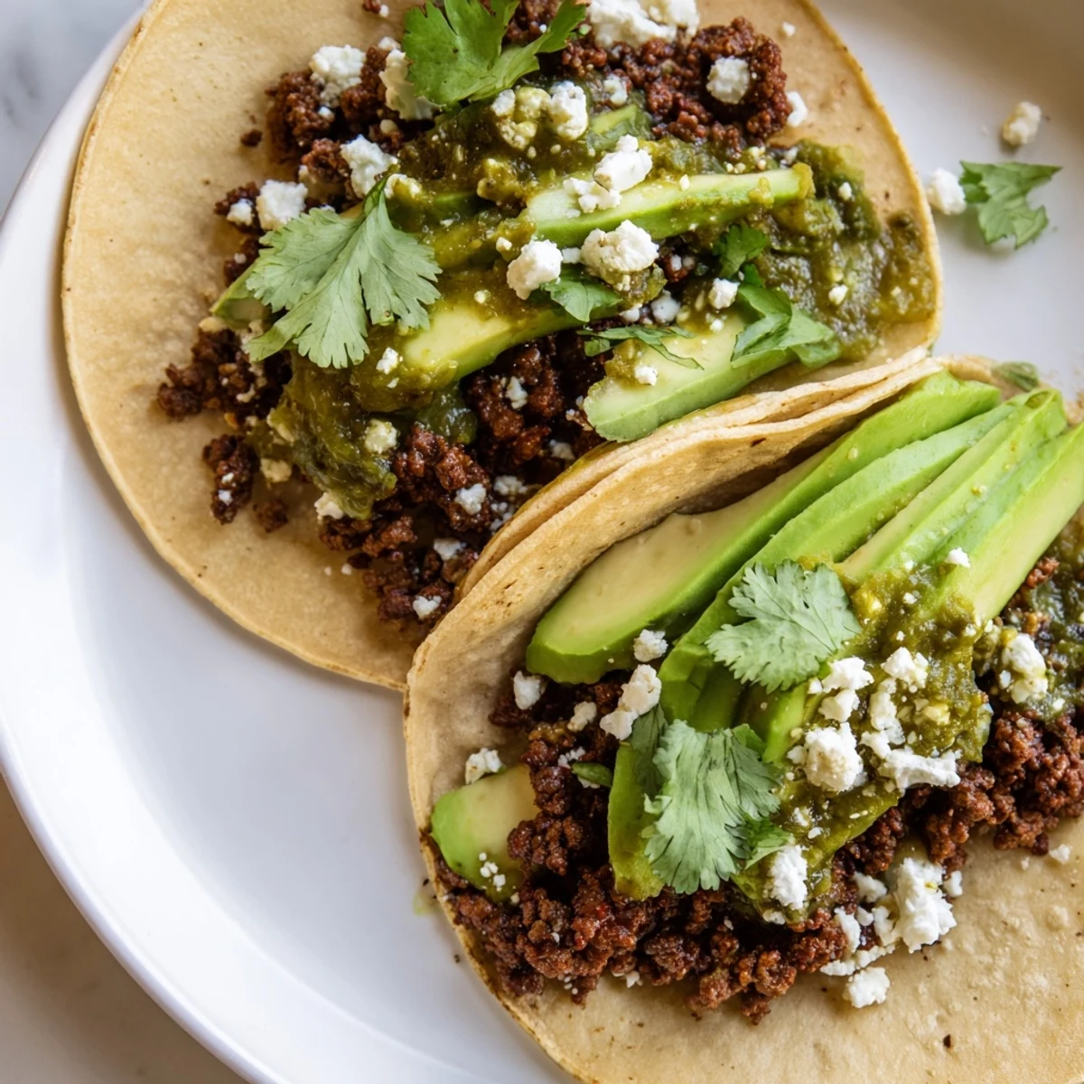 Sizzling spicy beef tacos are garnished with tangy salsa verde and avocado, ready for a lively weeknight dinner.