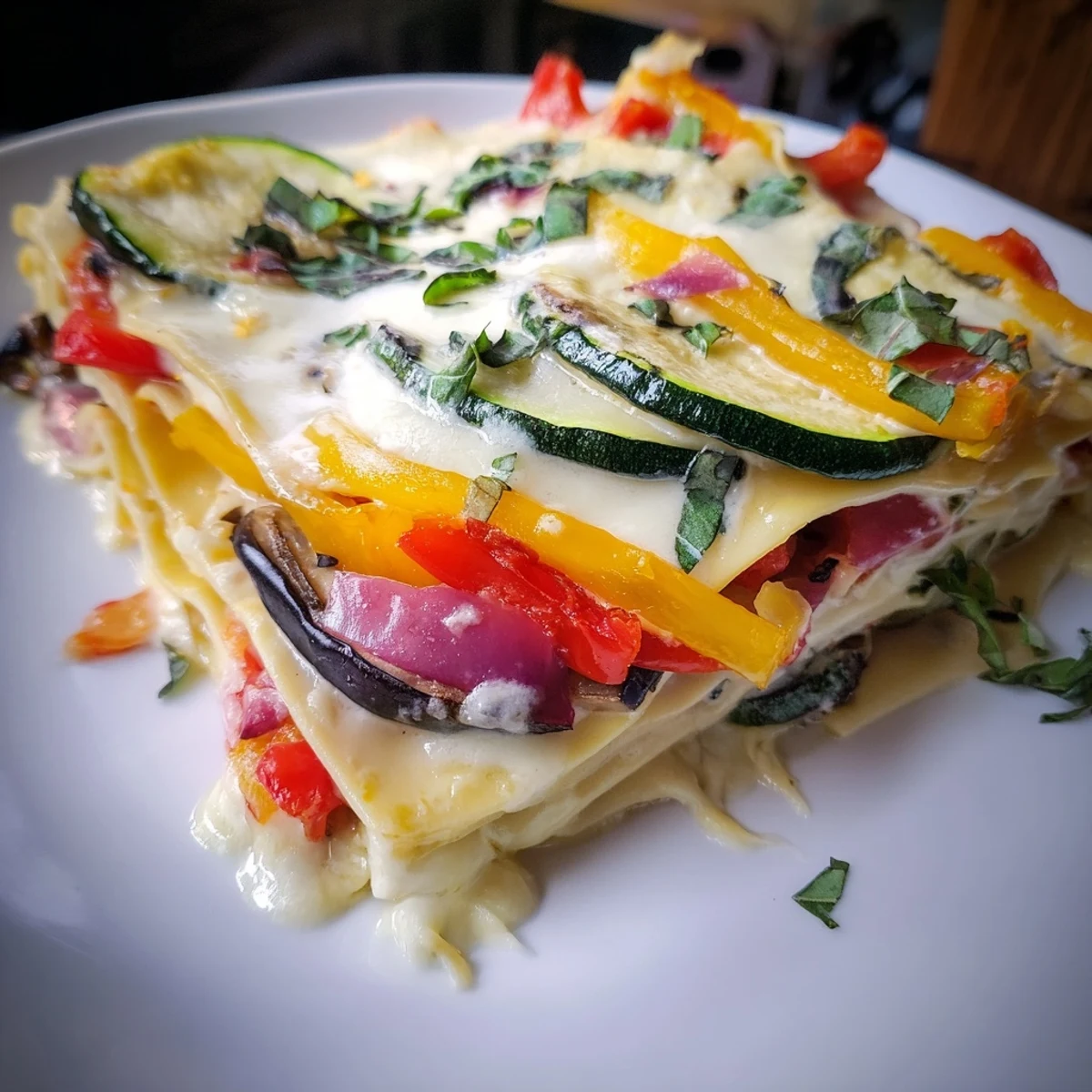 Golden-brown Roasted Vegetable Lasagna with White Sauce bubbling in a 9x13 dish, topped with melted mozzarella and fresh basil.