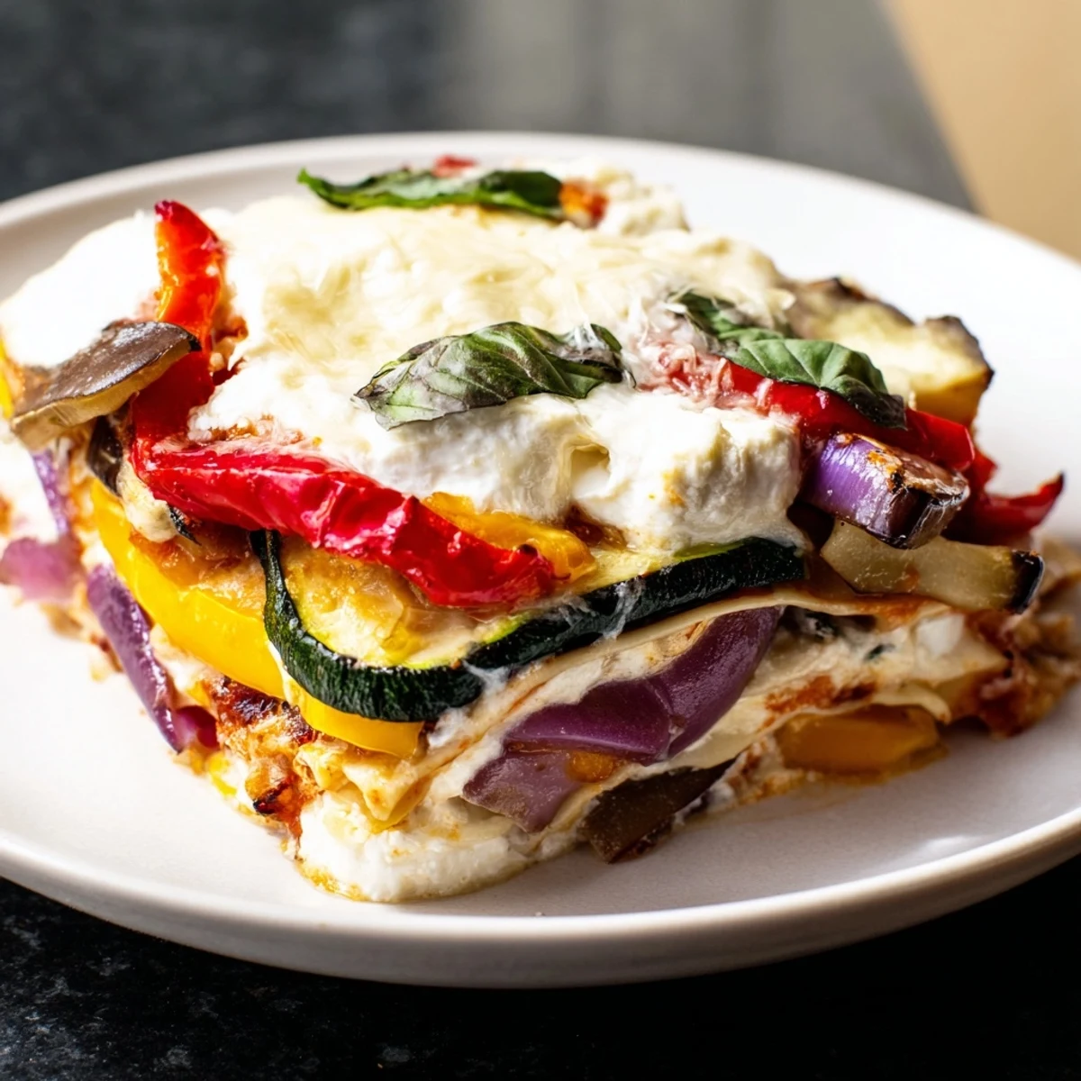 Close-up of Roasted Vegetable Lasagna with White Sauce garnished with basil and Parmesan, ready for a cozy Italian family dinner.