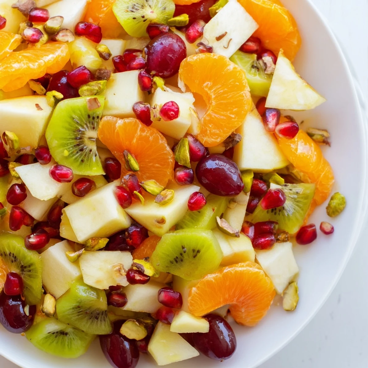 A close-up of Winter Fruit Salad with Honey Lime Dressing in a white bowl, with juicy orange segments and bright pomegranate arils glistening under a spoonful of dressing.