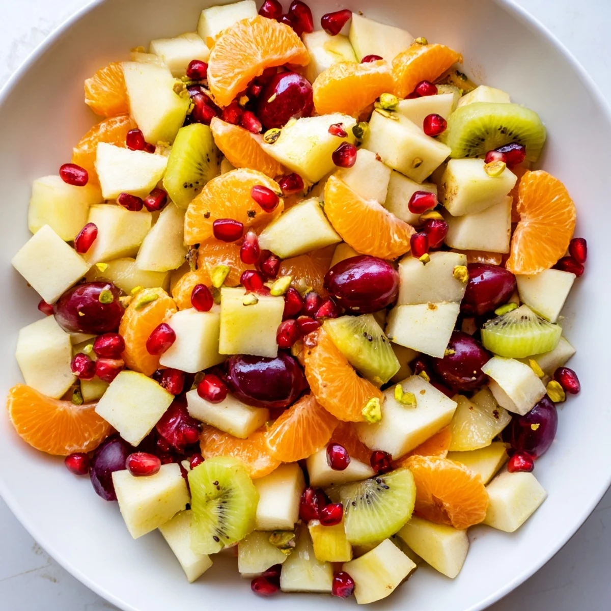 This overhead shot of Winter Fruit Salad with Honey Lime Dressing shows colorful chopped apples, pears, and kiwi mixed in a glass serving dish topped with chopped pistachios.