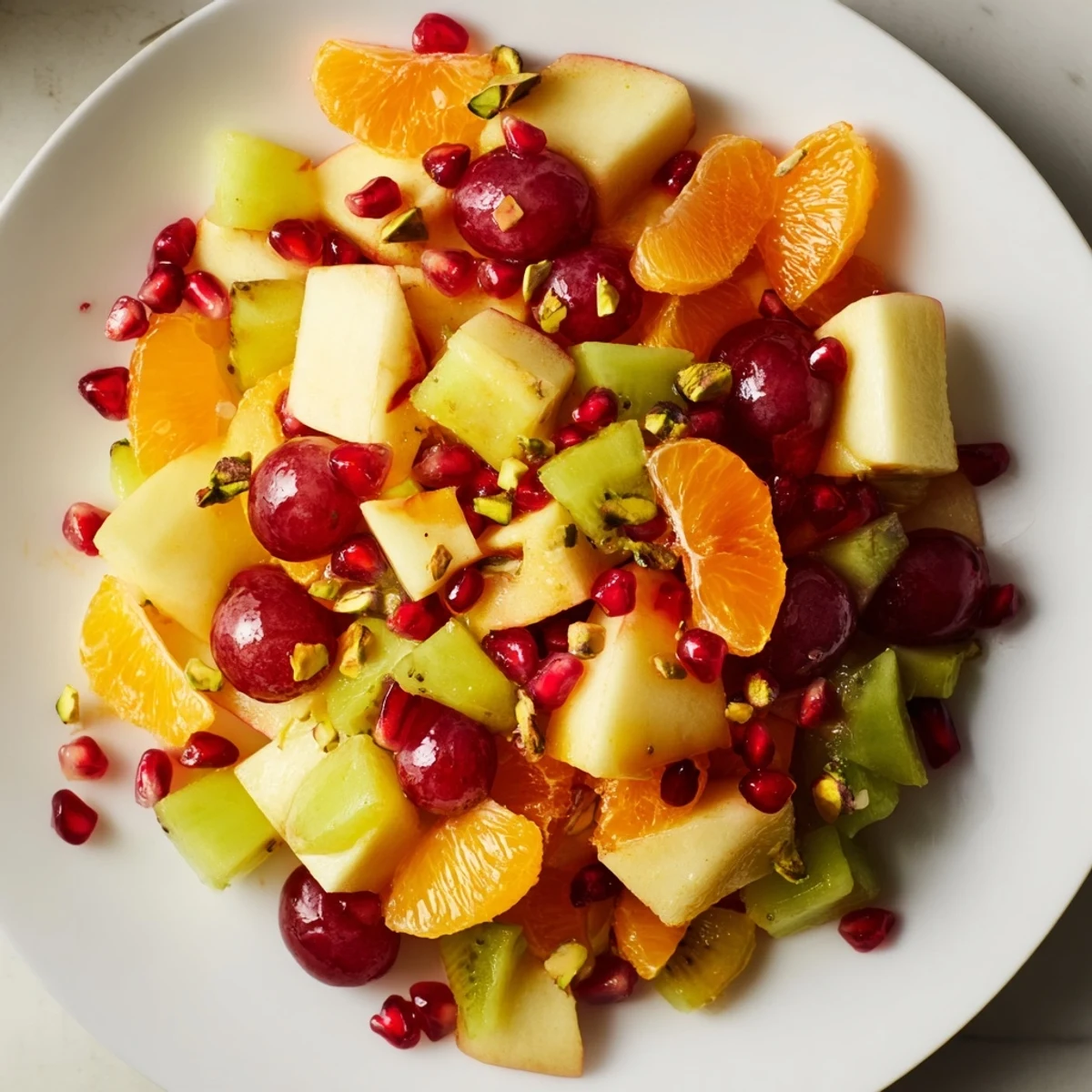 A vibrant serving suggestion for Winter Fruit Salad with Honey Lime Dressing on a rustic wooden table, featuring halved grapes and a drizzle of honey-lime dressing.