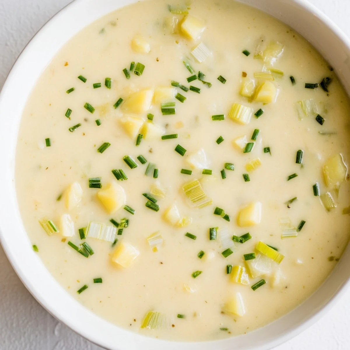 Velvety Creamy Potato Leek Soup in a white bowl, topped with fresh chopped chives.