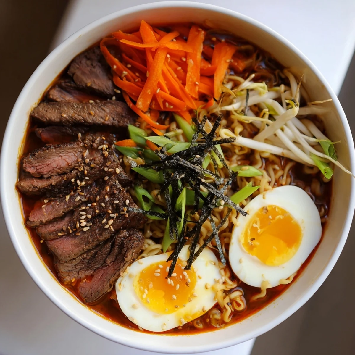 In this close-up of Spicy Beef Ramen with Soft Boiled Egg, a perfectly jammy egg half rests beside sliced beef and fresh scallions.