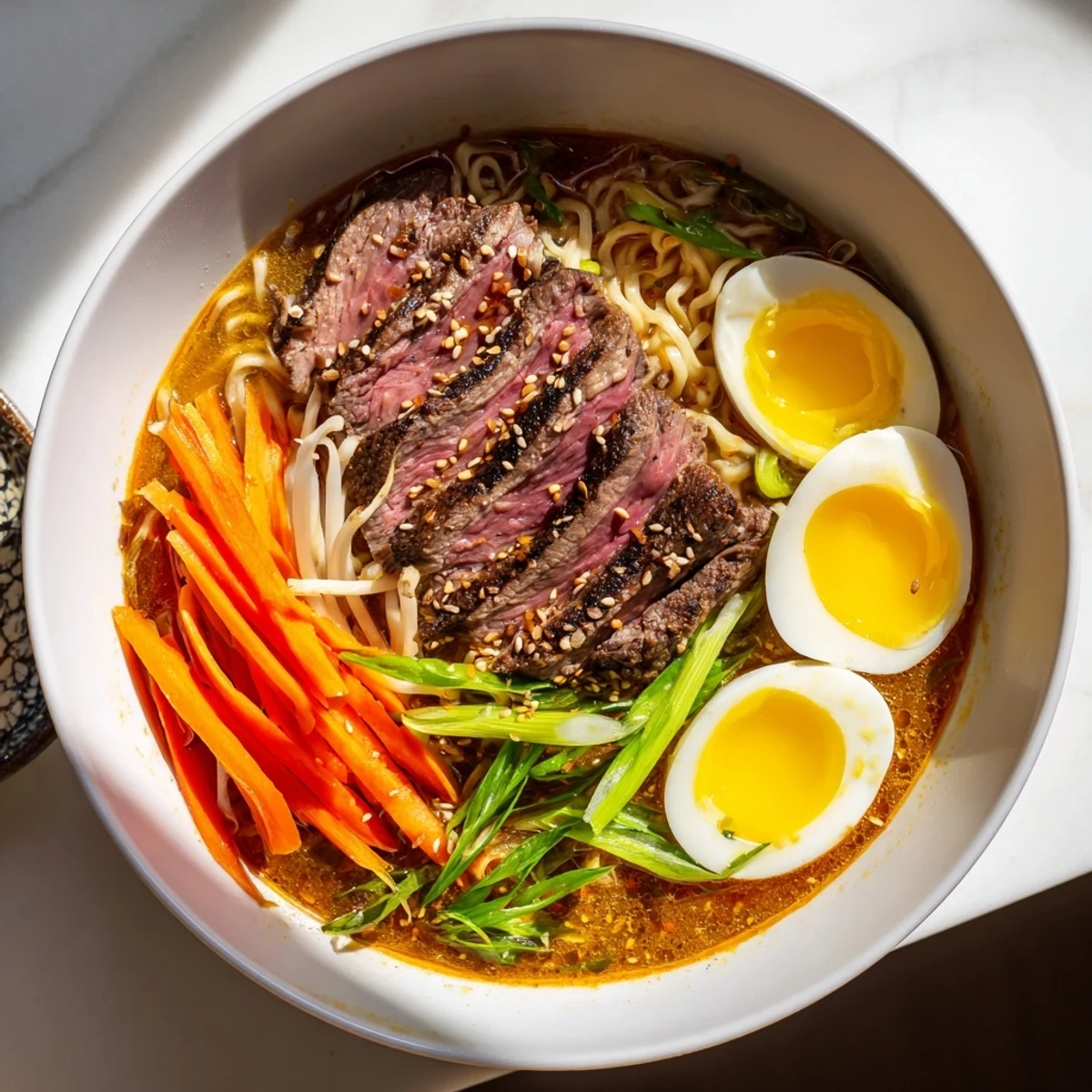 Steaming Spicy Beef Ramen with Soft Boiled Egg in a rustic bowl, garnished with nori strips, sesame seeds, and crisp bean sprouts.