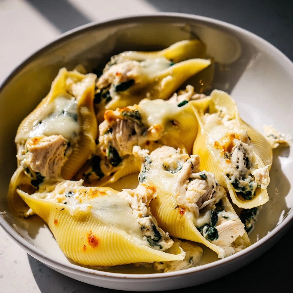 A close-up view of Chicken Alfredo Stuffed Shells with Spinach featuring creamy filling and melted mozzarella cheese.