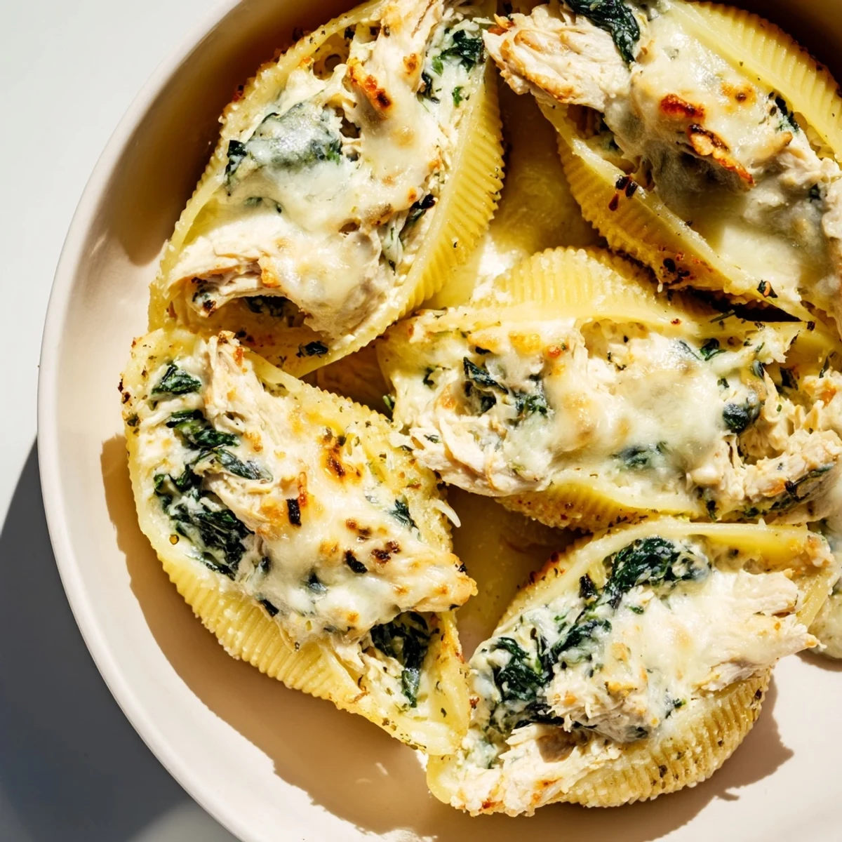 Golden-brown Chicken Alfredo Stuffed Shells with Spinach resting on a white plate, garnished with fresh parsley.