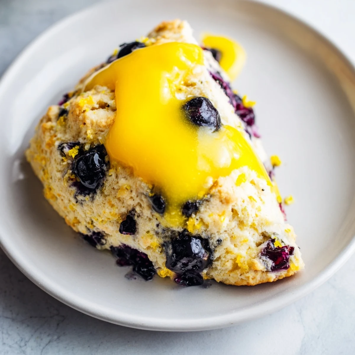 Close-up of warm Lemon Blueberry Scones with Lemon Curd, showing juicy blueberries and a generous dollop of lemon curd on a white plate.