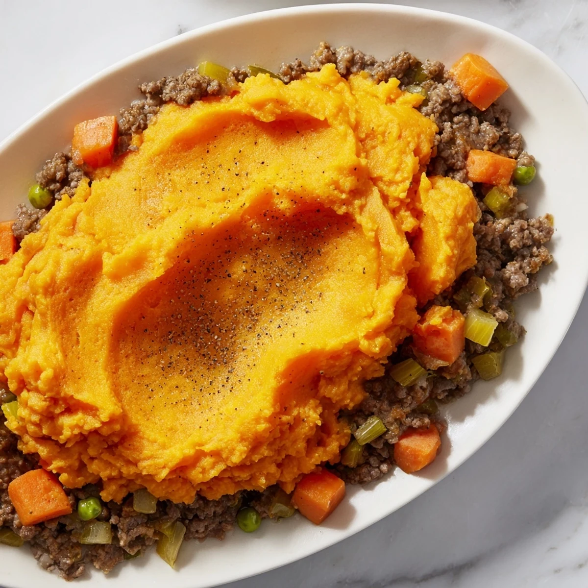 Golden-brown mashed sweet potato blankets a hearty beef filling with peas, carrots, and herbs in this comforting Beef Shepherds Pie with Sweet Potato Topping.