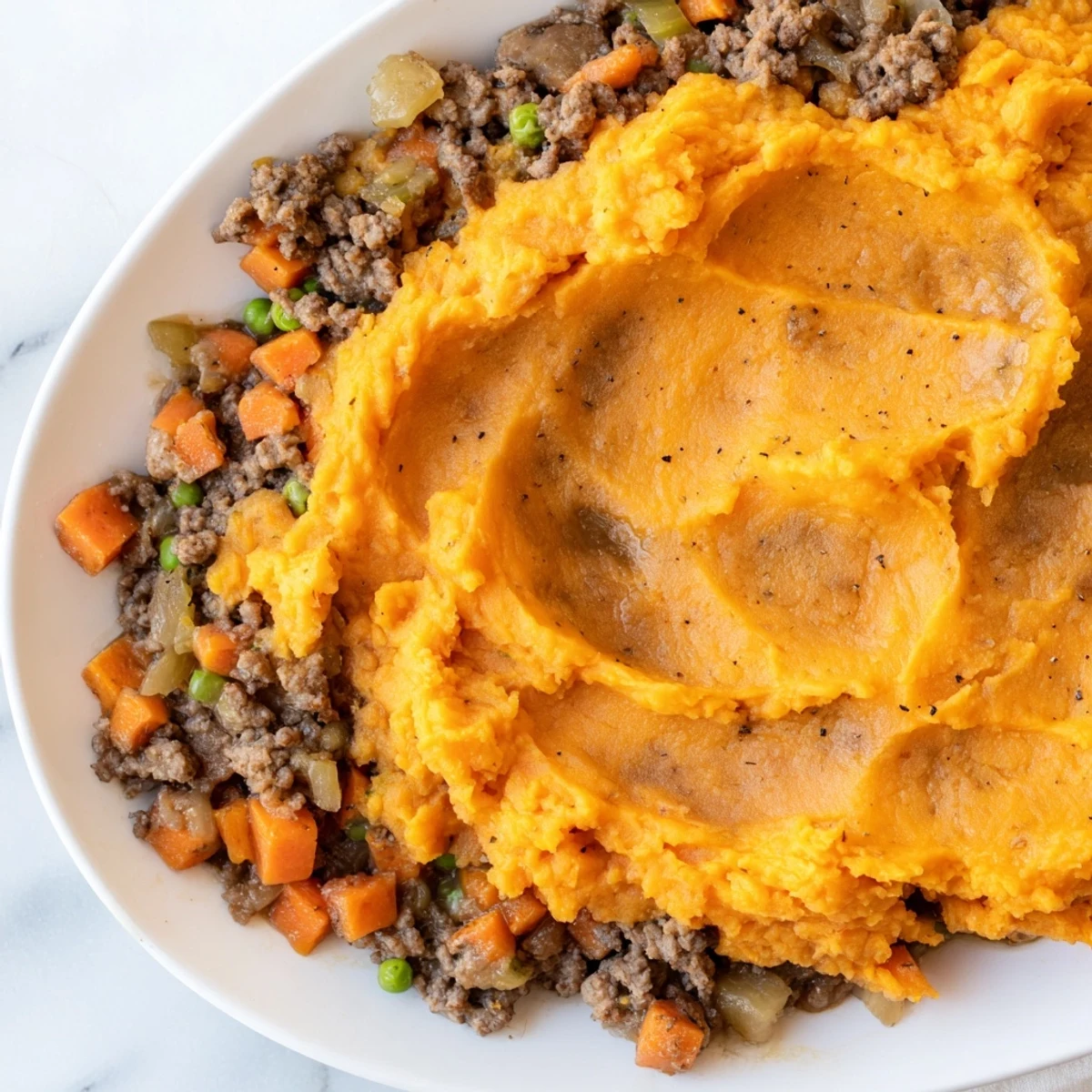 A close-up shows bubbling juices beneath a creamy sweet potato layer, perfect for a cozy family dinner served straight from the baking dish.