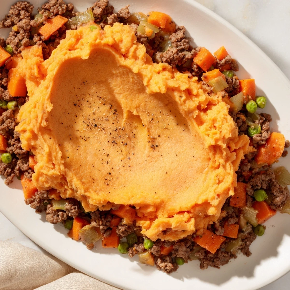 This Beef Shepherds Pie with Sweet Potato Topping features tender vegetables and savory ground beef, ready to slice and serve with a green salad.
