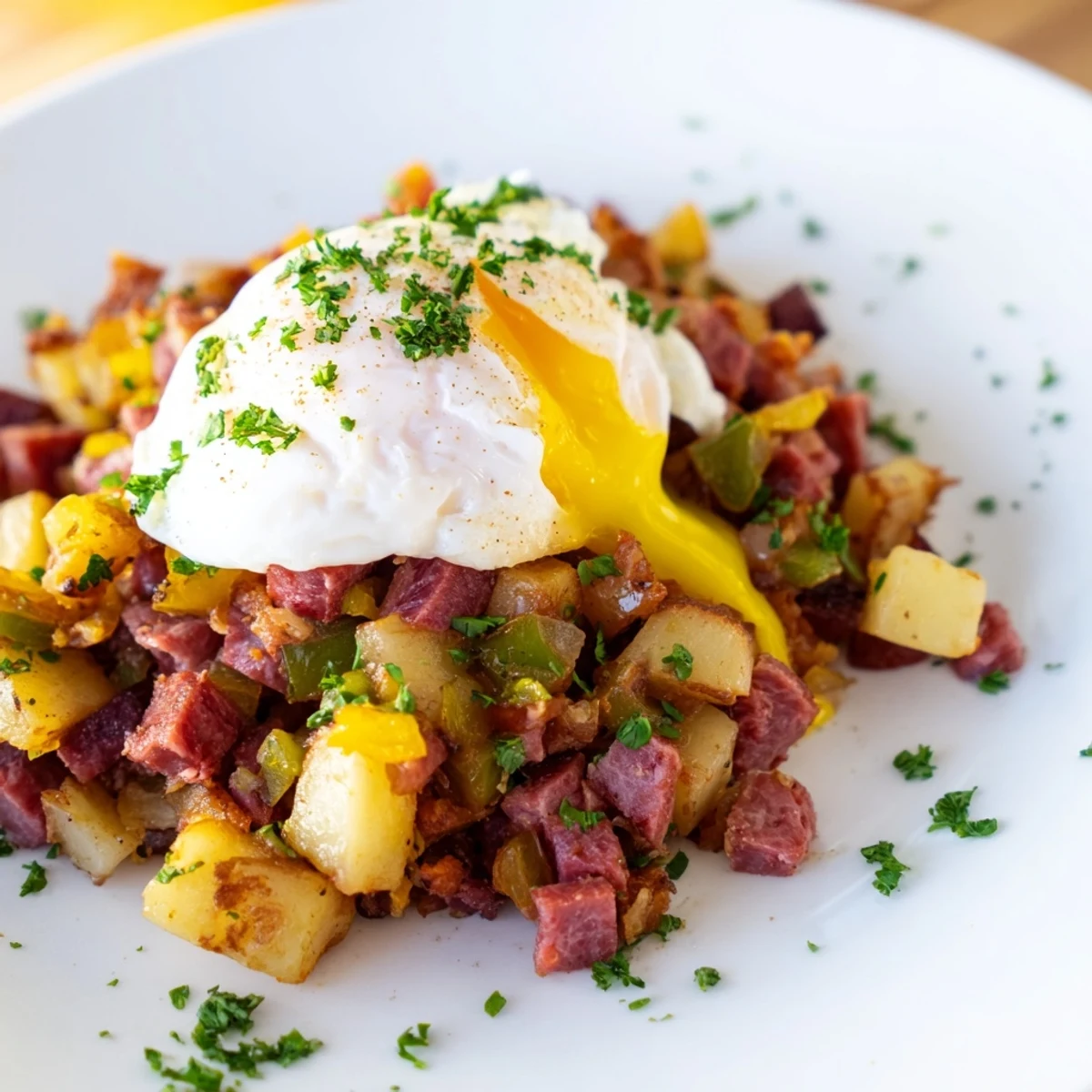 Fork-ready serving of Corned Beef Hash with Poached Eggs, showing runny yolk over savory hash, ideal for a cozy weekend brunch.